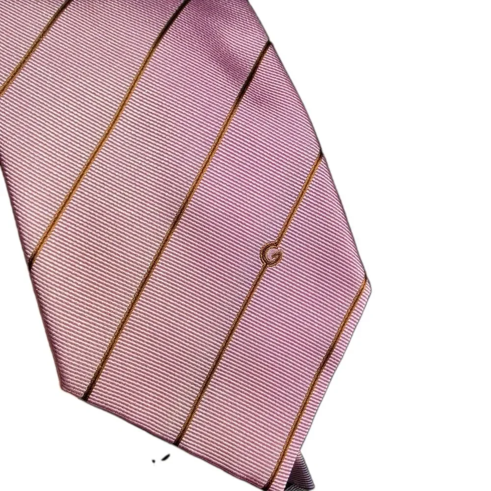 Gucci Mens 100% Silk Tie Made In Italy Pink Brown Stripe 3.75x58 Authentic 🇮🇹